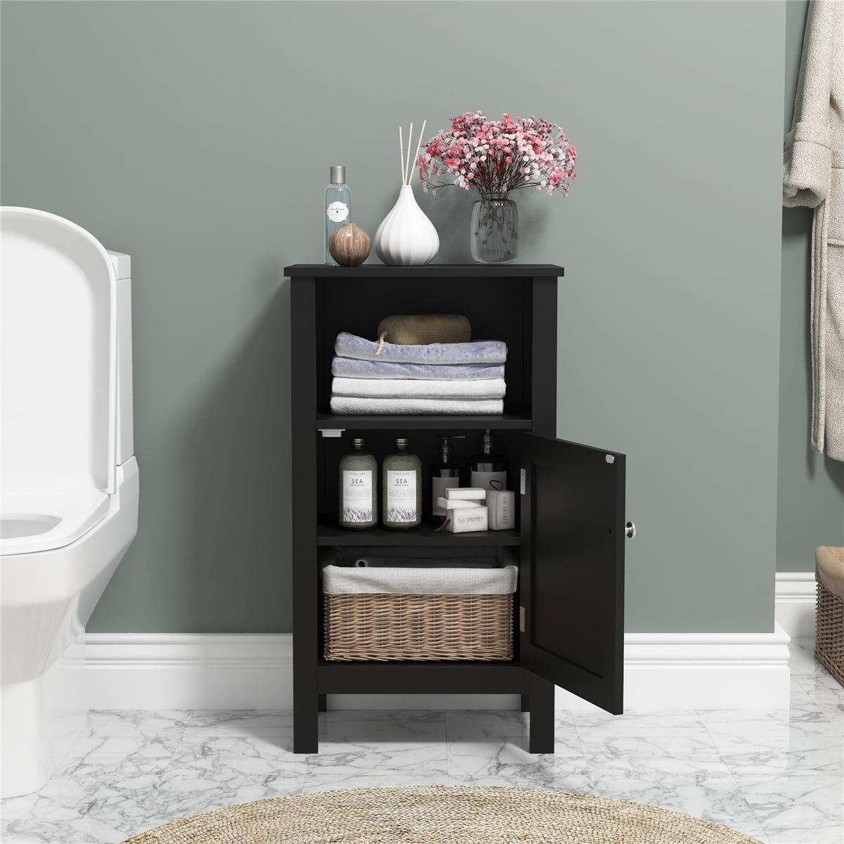 LXingStore Bathroom Floor with Adjustable Shelf, White Black