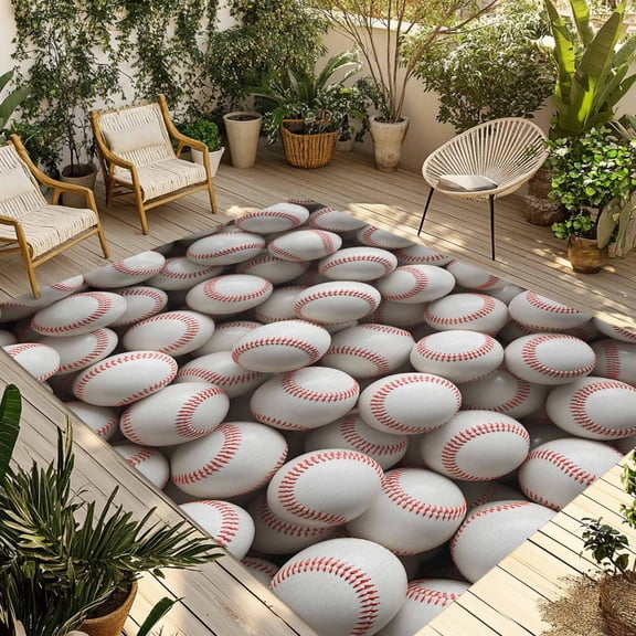 Fsddascl Baseball Outdoor Rug for Patio/Deck/Porch, Non-Slip Large Area Rug 5 x 8 Ft, White Red Art Sport Indoor Outdoor Rugs Washable Area Rugs, Reversible Camping Rug Carpet Runner