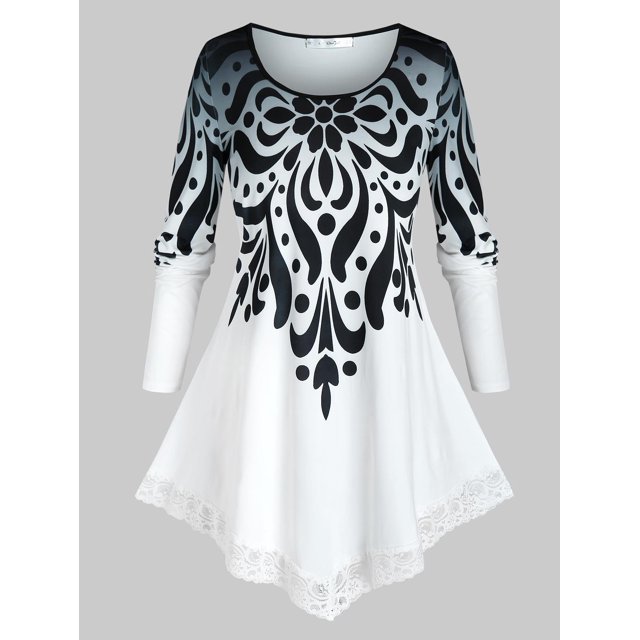 Tamaño más Ombre color estampado tribal ala T camisa de encaje Rosegal Mangas largas de talla grande