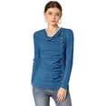 thumbnail image 1 of Women's Cowl Neck Long Sleeves Buttons Decor Ruched Top, 1 of 6
