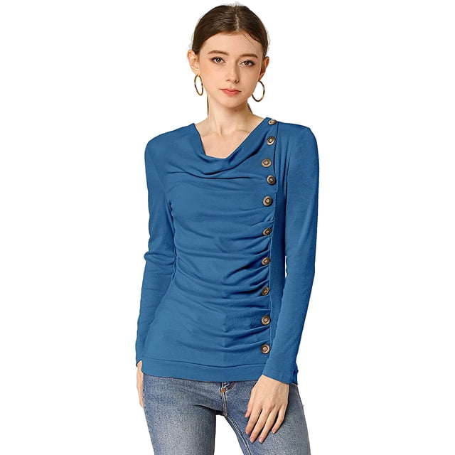 Women's Cowl Neck Long Sleeves Buttons Decor Ruched Top