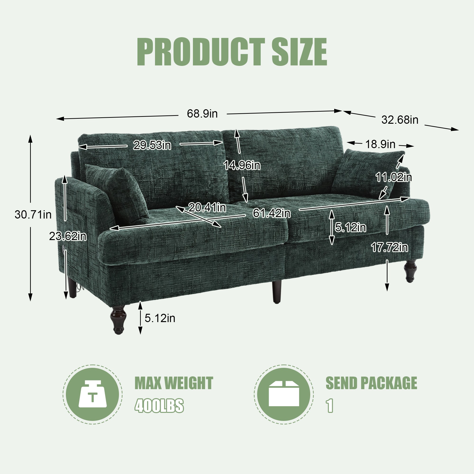 68.9" Sofa Couch,Modern 2 Seater Upholstered Loveseat Sofa Couch with LED light&USB for Living Room,Bedroom,Emerald