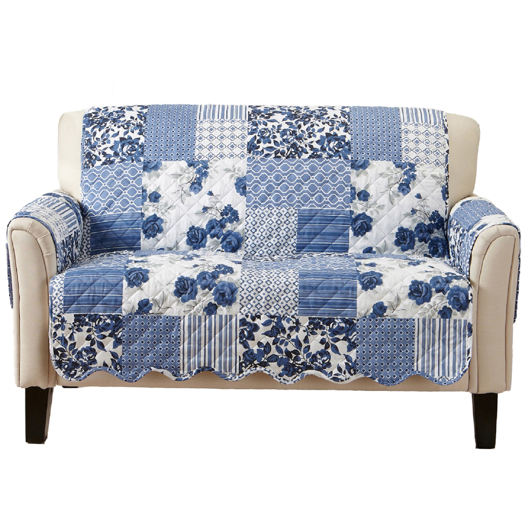 Great Bay Home Reversible Patchwork Loveseat Furniture Protector, Navy