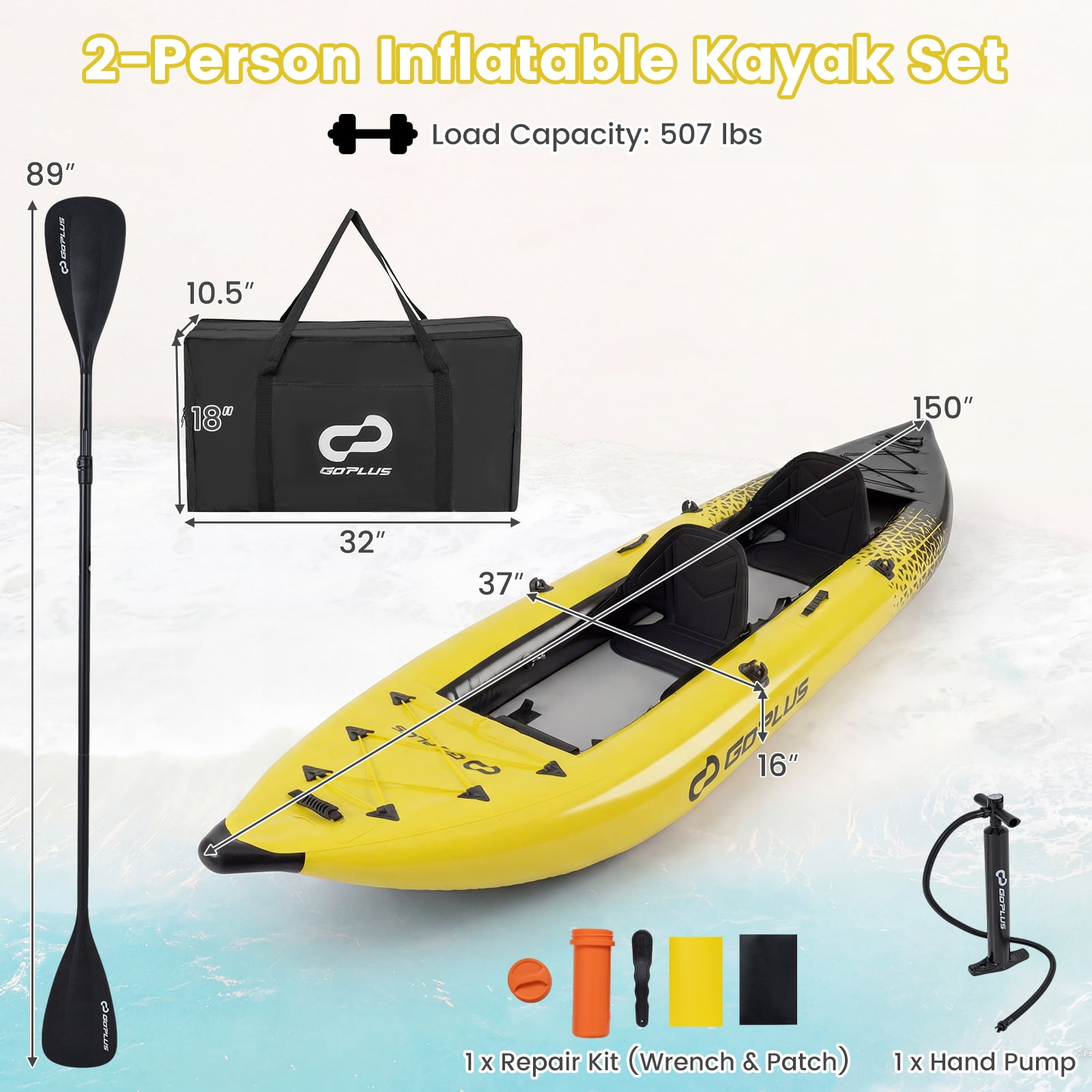 Costway Inflatable Kayak Set Portable 2-person Kayak with Aluminium Oars EVA Padded Seat Yellow