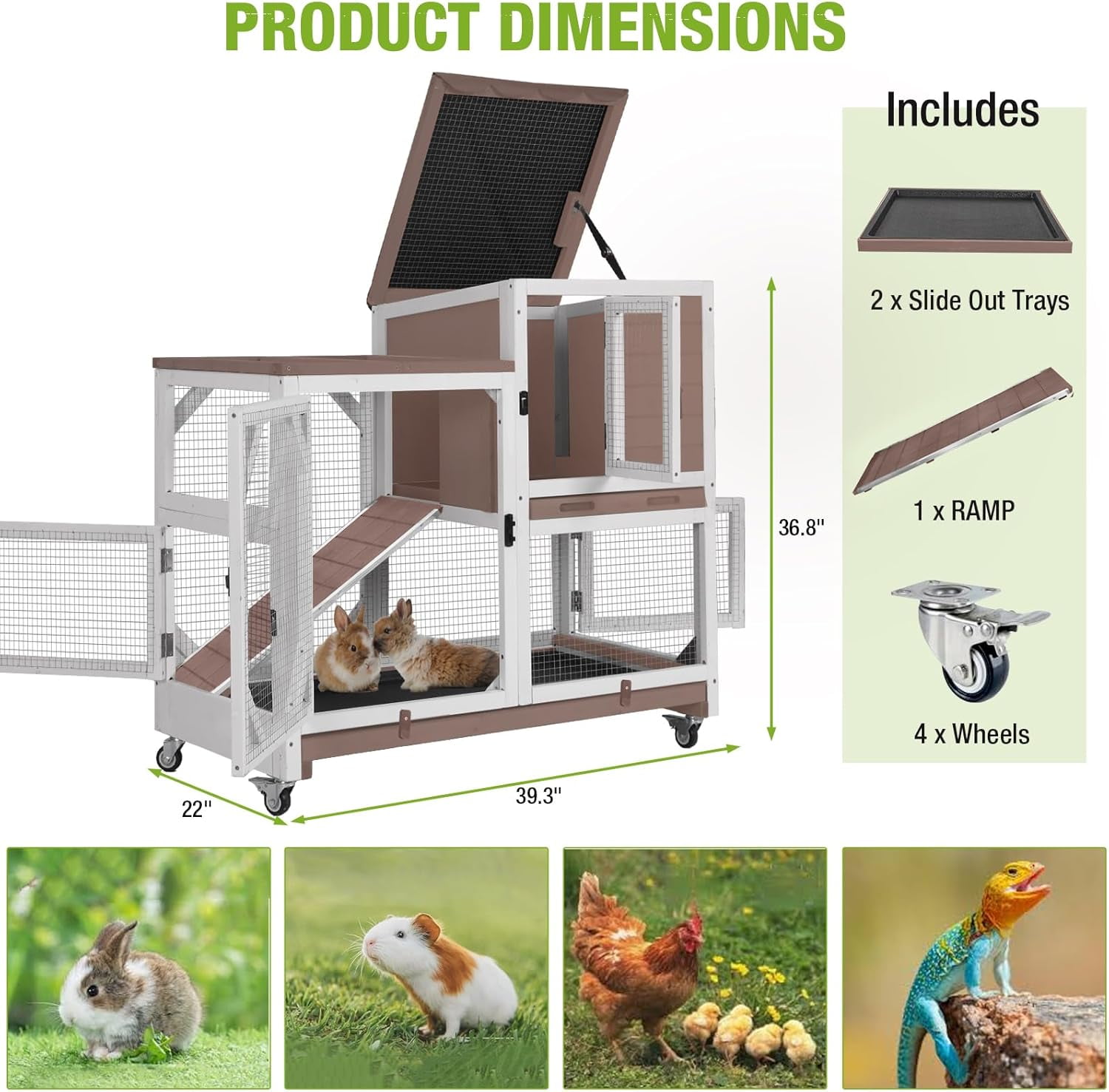 2-Story Rabbit Hutch Bunny Cage with Leak-Proof Trays & Chew-Proof Ramp - Indoor/Outdoor 39.3" Wooden Rabbit Cage with Wheels (Brown)