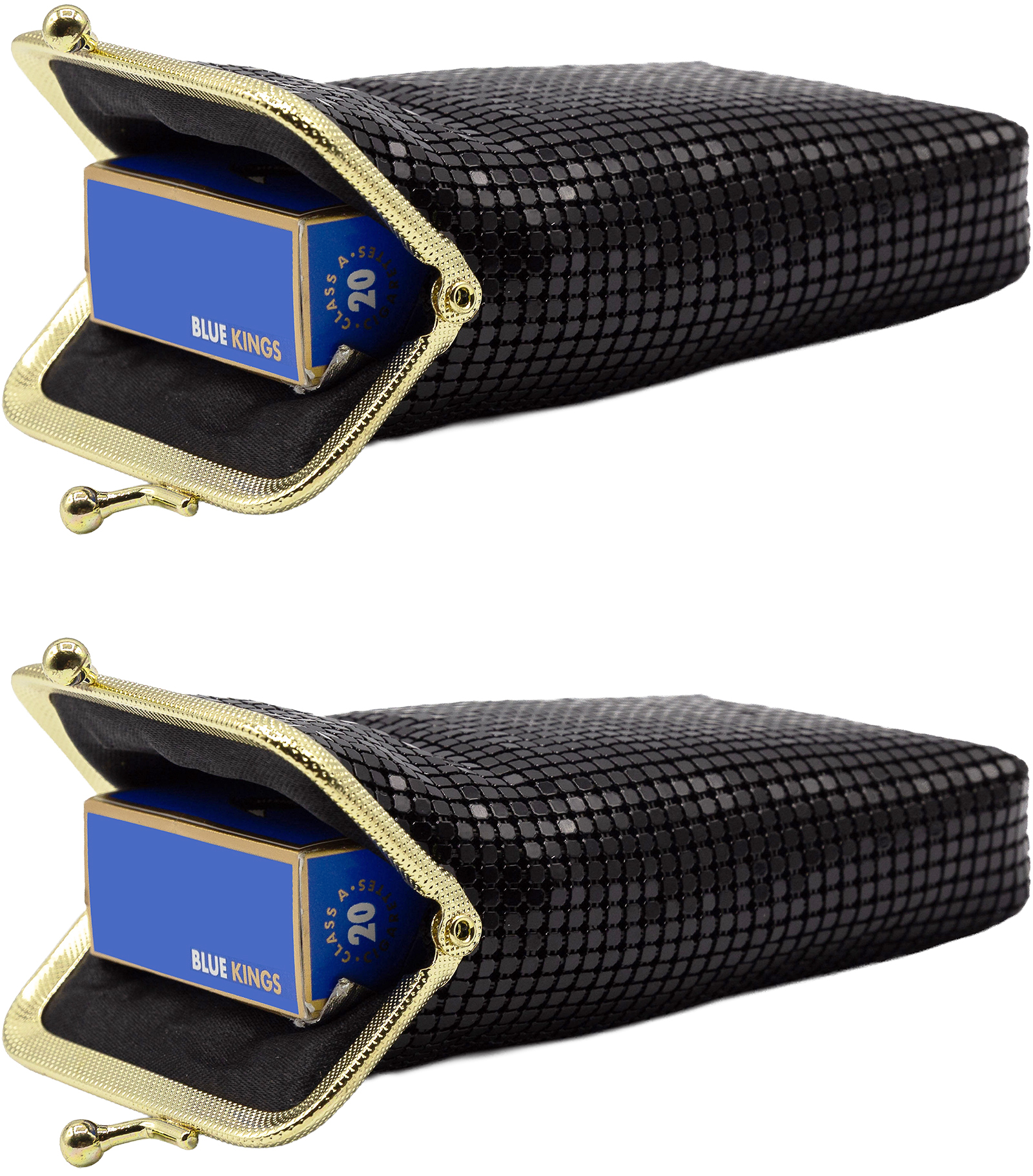 Set of 2 Vintage Soft Metallic Mesh Long Cigarette Case Purses With Lighter Pocket (3mm, Black)