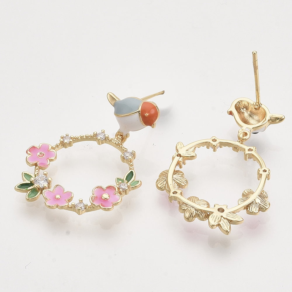 Brass Micro Pave Clear Cubic Zirconia Dangle Stud Earrings with Enamel Nickel Free Magpie Bird with Garland Real 18K Gold Plated 29x10mm Pin: 0.8mm