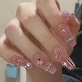 thumbnail image 4 of Press on Nails Short Square Fake Nails French Tip False Nails with Rhinestone Design Full Cover Glitter Acrylic Stick on Nails Diamond Glue on Nails f, 4 of 5
