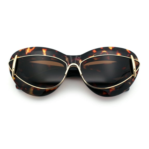 Womens Thick Plastic Cat Eye Double Metal Rim Mod Retro Fashion Sunglasses Tortoise - Brown
