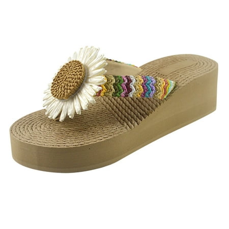 

Slippers for Women Women Weave Beach Breathable Sandals Home Slipper Flower Flip-Flops Wedges Shoes Womens Slippers Cloth Khaki 38