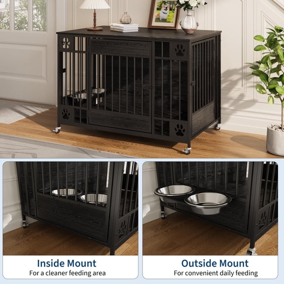 41" Dog Crate Furniture End Table, Wooden Indoor Dog Kennel - Triple Doors - Lockable Design with Optional Feeder Bowls - For Small/Medium Dogs - Black Relief