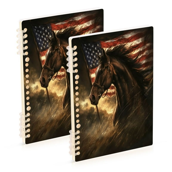 WOBOGO American Flag Horse Notebook College Horizontal Grid Paper Ink Spill Resistant Water Resistant Cover 8.3x5.7x0.4in