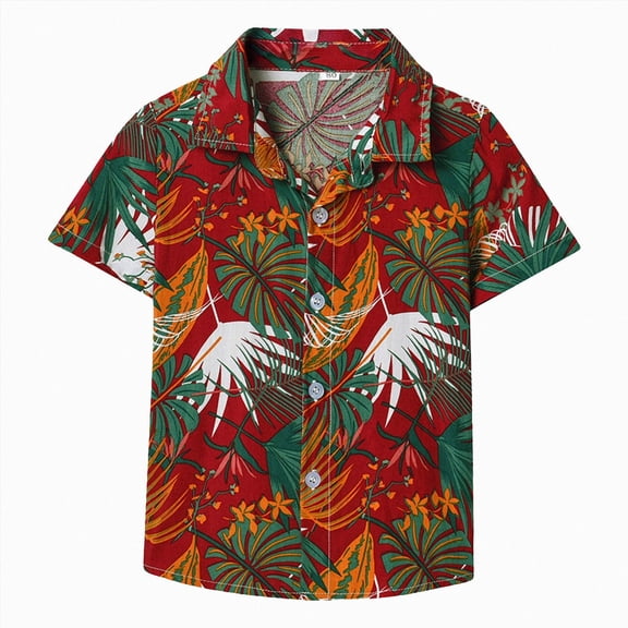 CAUYDY Boys Hawaiian Shirt Short Sleeve Button Down Shirt Casual Floral Tropical Beach Shirts(L101-Red,4-5 Y)