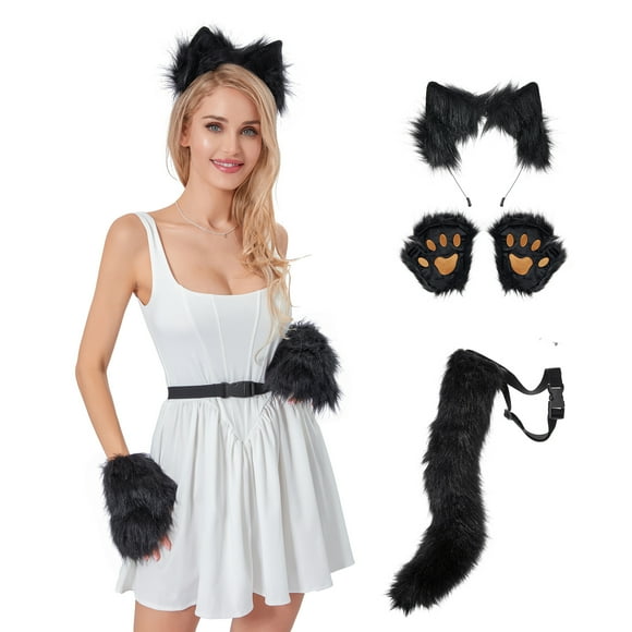 SUNSIOM Women Furry Paw Gloves Fox Ears and Tail Set Cosplay Halloween Costume Accessories