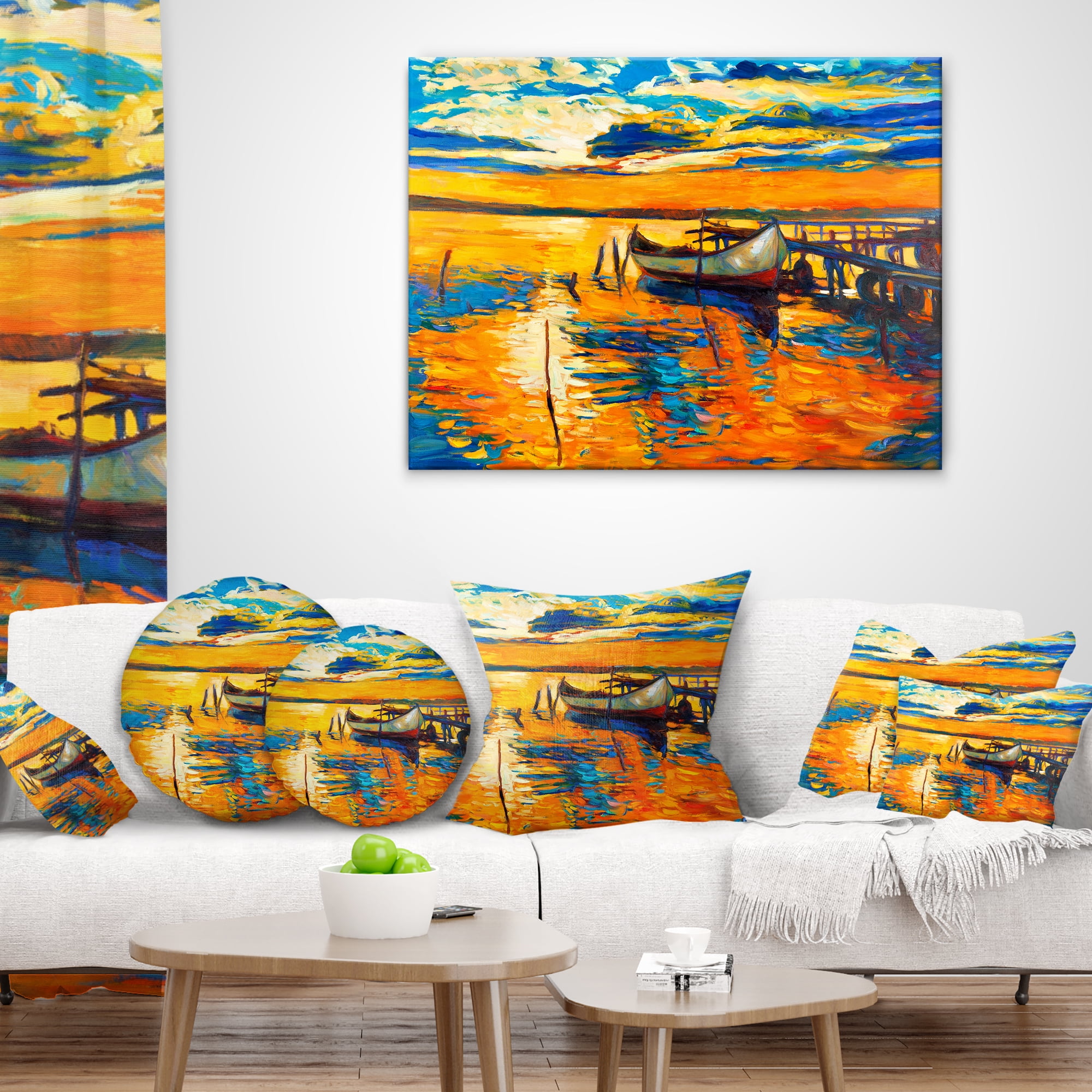Designart Boat and Jetty at Sunset - Landscape Printed Throw Pillow - 18x18