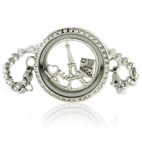 BG247 Stainless Steel Circle Rhinestone Floating Locket Bracelet with Matching Chain