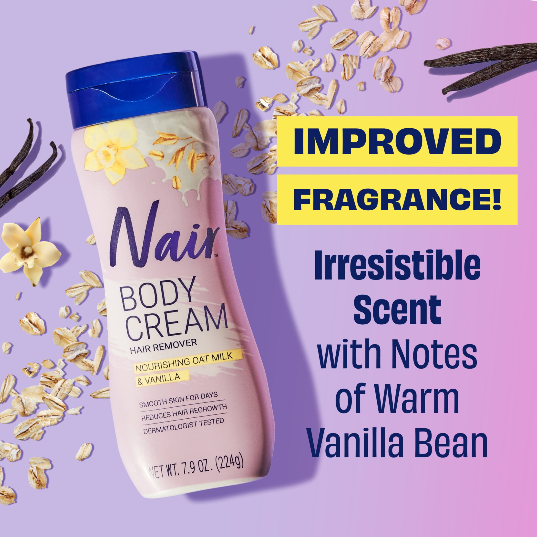 Nair Body Cream Hair Remover, Oat Milk & Vanilla, Body Hair Removal Cream for Women, 7.9 oz
