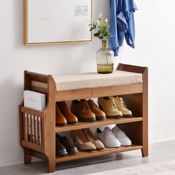 PULUOMIS Bamboo Shoe Rack & Shoe Bench, Multi-Function for Hallway Bathroom Living Room Corridor, Detachable Cushion with Hidden Storage Compartment