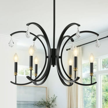 6-light Black Chandelier Modern Dining Room Chandelier Over Table Metal Candle Light Fixture for Bedroom, Entryway, Foyer, Living Room,25in,E12