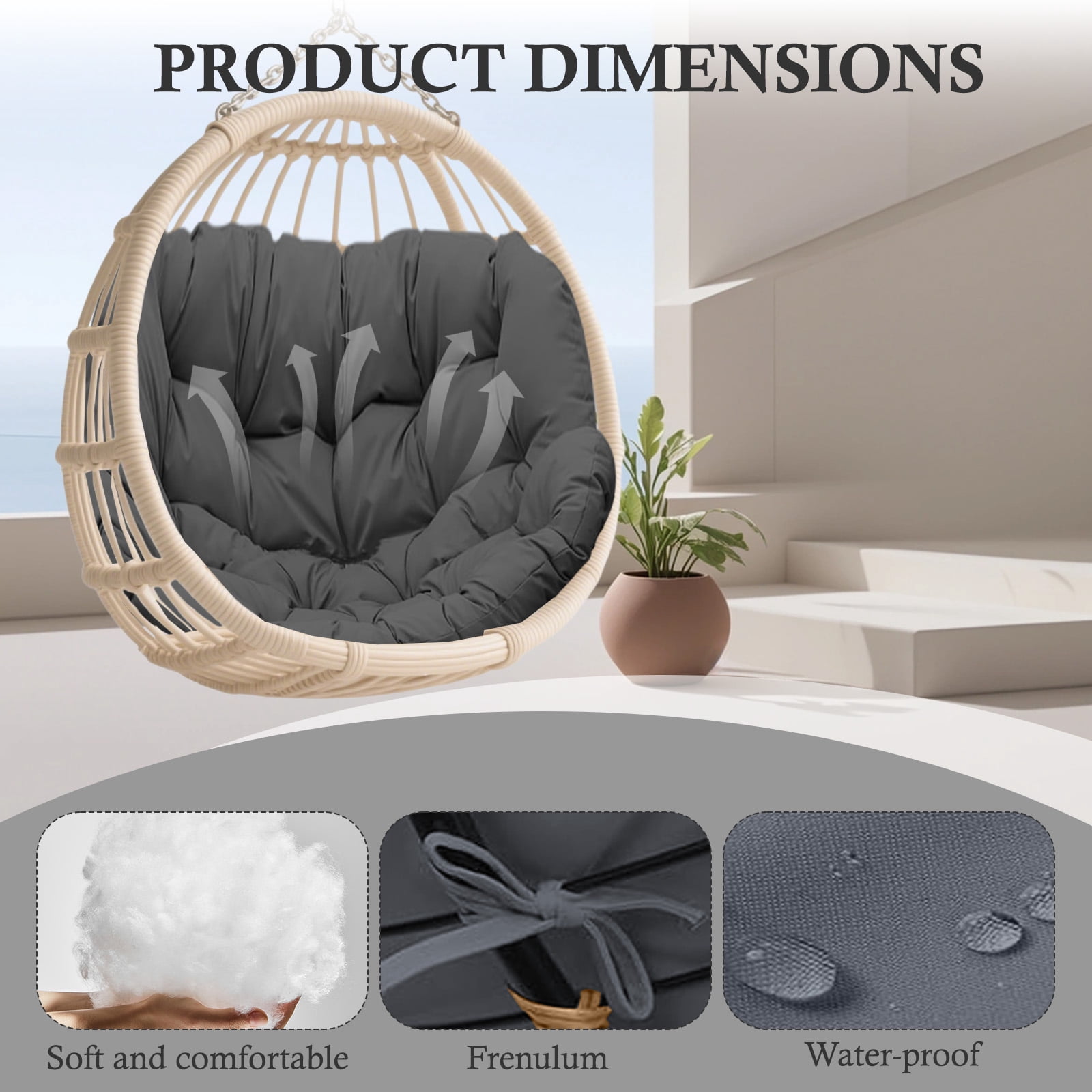 Egg Chair Cushion Replacement Waterproof – Outdoor Rocking Chair Cushions 6.3" Thick UV Resistant with 6 Straps for Patio, Balcony, Garden, Dark Gray
