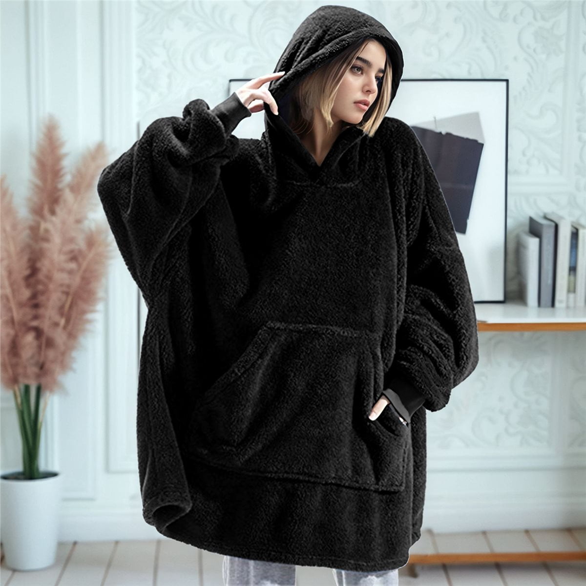 Oversized Blanket Hoodie Sweatshirt, Wearable Lounging Pullover for Adults Women Men Black One size