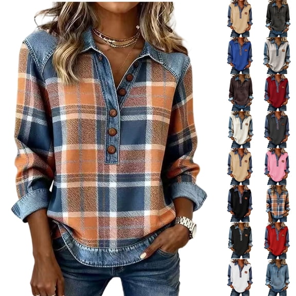 Women's Waffle Knit Denim Trim Collared Pullover Vintage Half Button Long Sleeve Casual Jean Tops, #02 Saffron, L