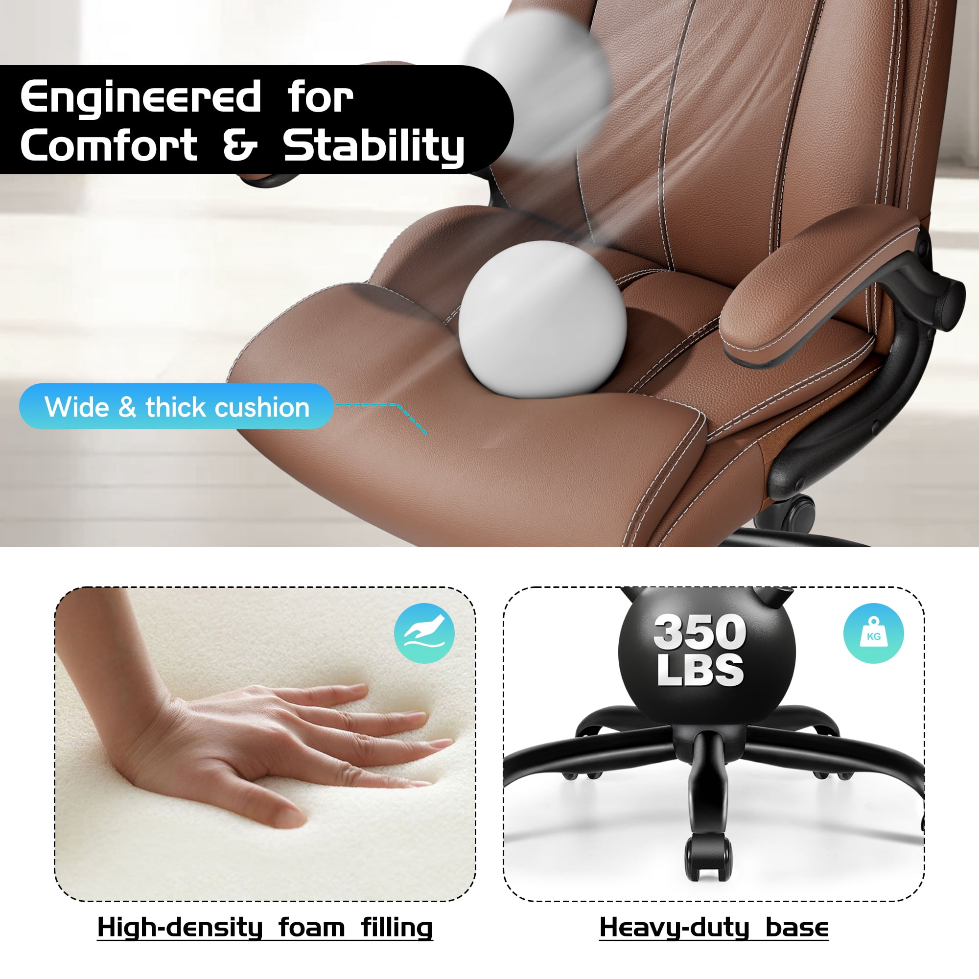 COOLHUT Big and Tall Office Chair 350LBS, Comfy Heavy Duty Executive Desk Chair with Adjustable Lumbar Support, Higth Back Computer Home Office Chair with Padded Flip -up Arms, Brown