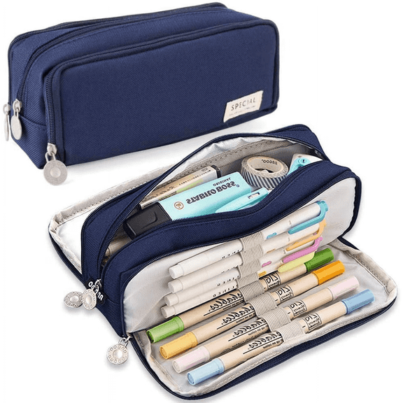 Large Capacity Pencil Case, 3 Compartment Oxford Cloth Zipper Pen Pouch, Stationery Organizer for Students, Teachers, Office, Travel and Makeup Bag