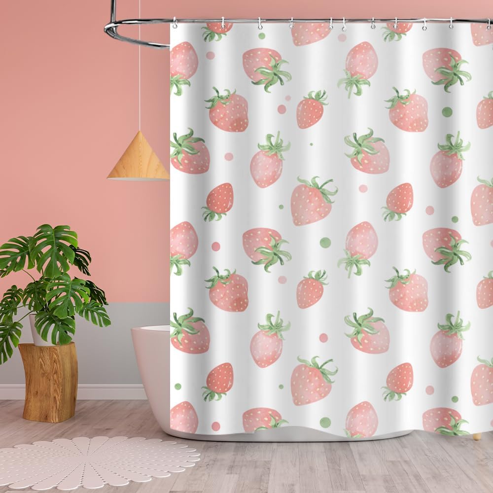 Brebasf Pink Strawberry 4-Piece Shower Curtain Set - Watercolor Floral Bathroom Decor With Mat & Toilet Cover 4 thumbnail image