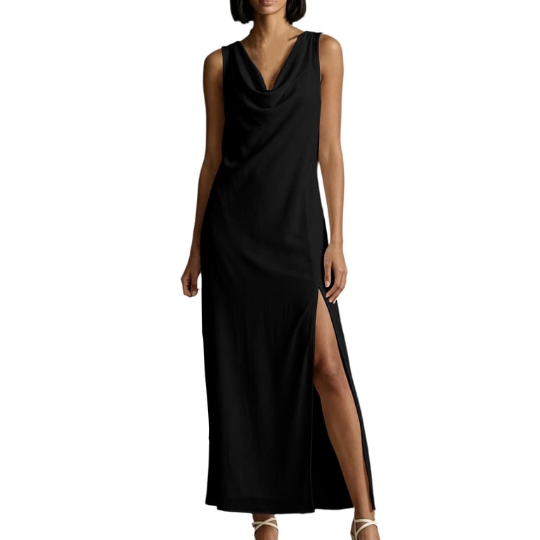 drape dress casual outfit Women's Dress Sleeveless Draped Neck Ladies Casual Fashion Irregular Collar  Solid Color Dress Black M