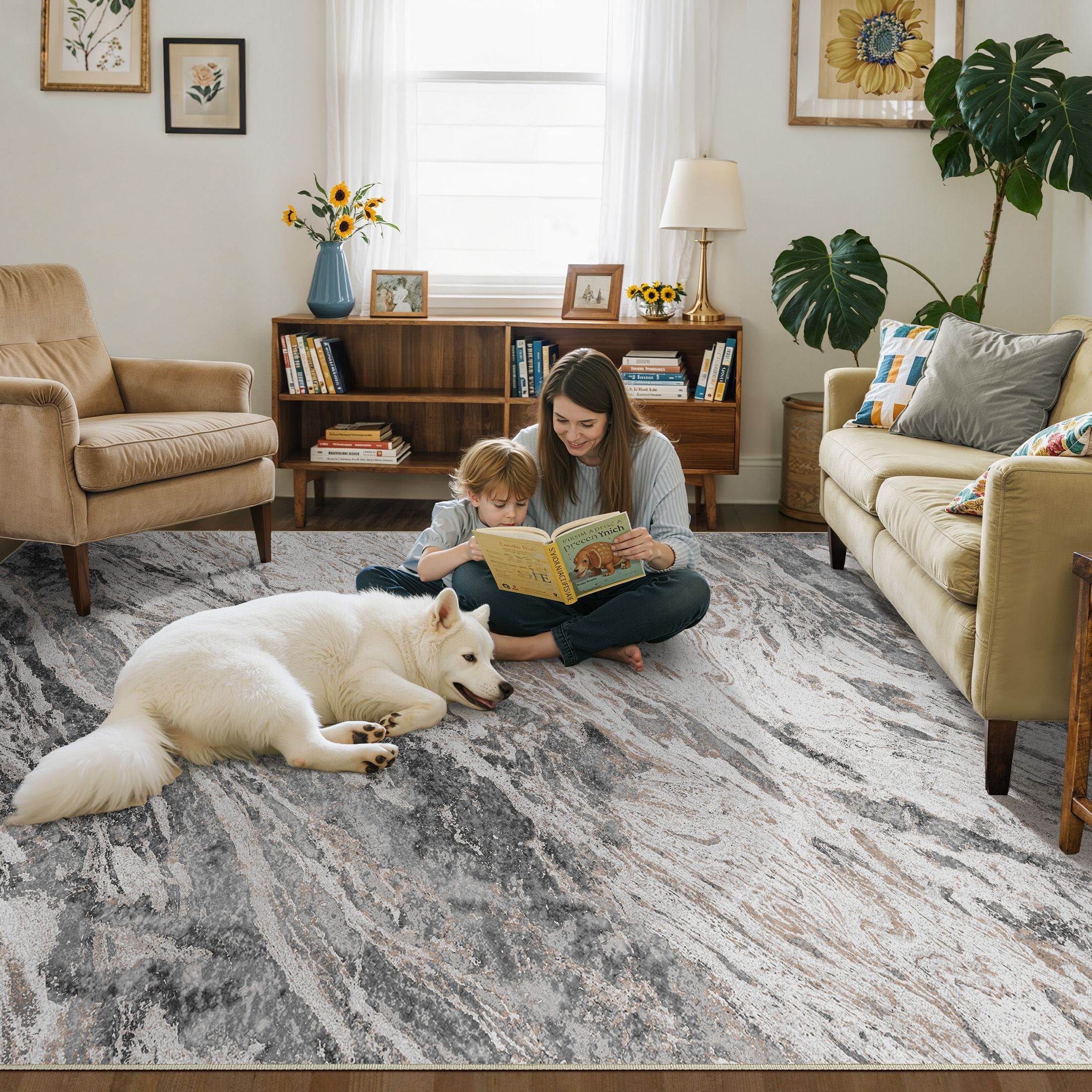 MICGEEK 5x7 Washable Area Rugs for Living Room, Modern Abstract Printed Rug, Vacuum-Friendly, Non Slip Indoor Rug for Bedroom Dining Room Home Decor Carpet, Gray/Brown