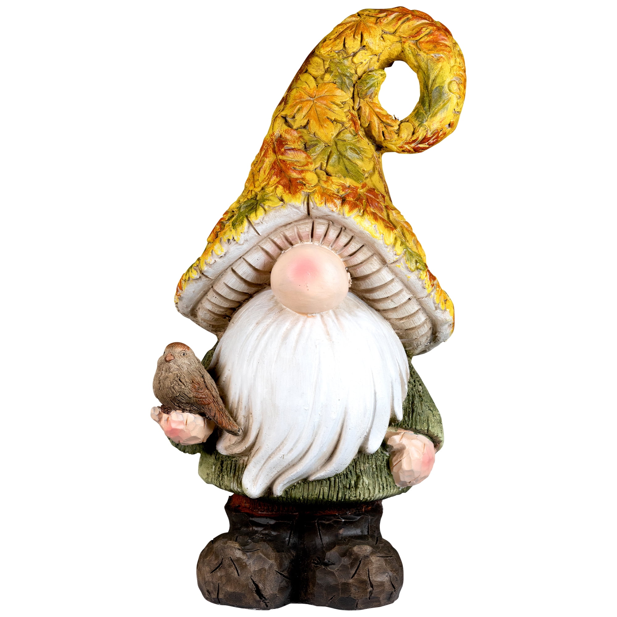 Fall Harvest Gnome in Maple Leaf Mushroom Hat Holding Bird - 16.5"