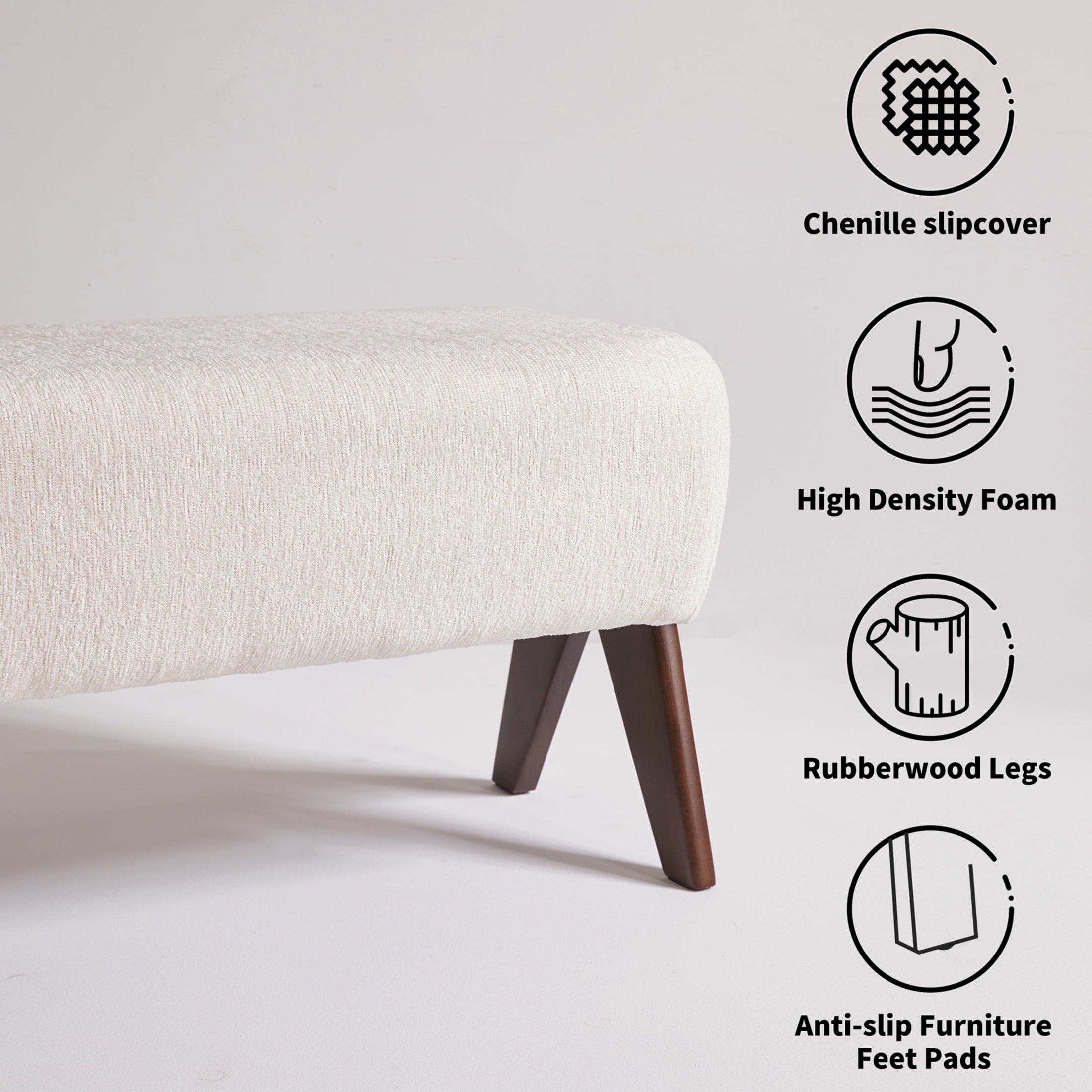 Noble House Chenille Upholstered Bench with Solid Rubberwood Legs, Modern Padded Entryway Bench, White