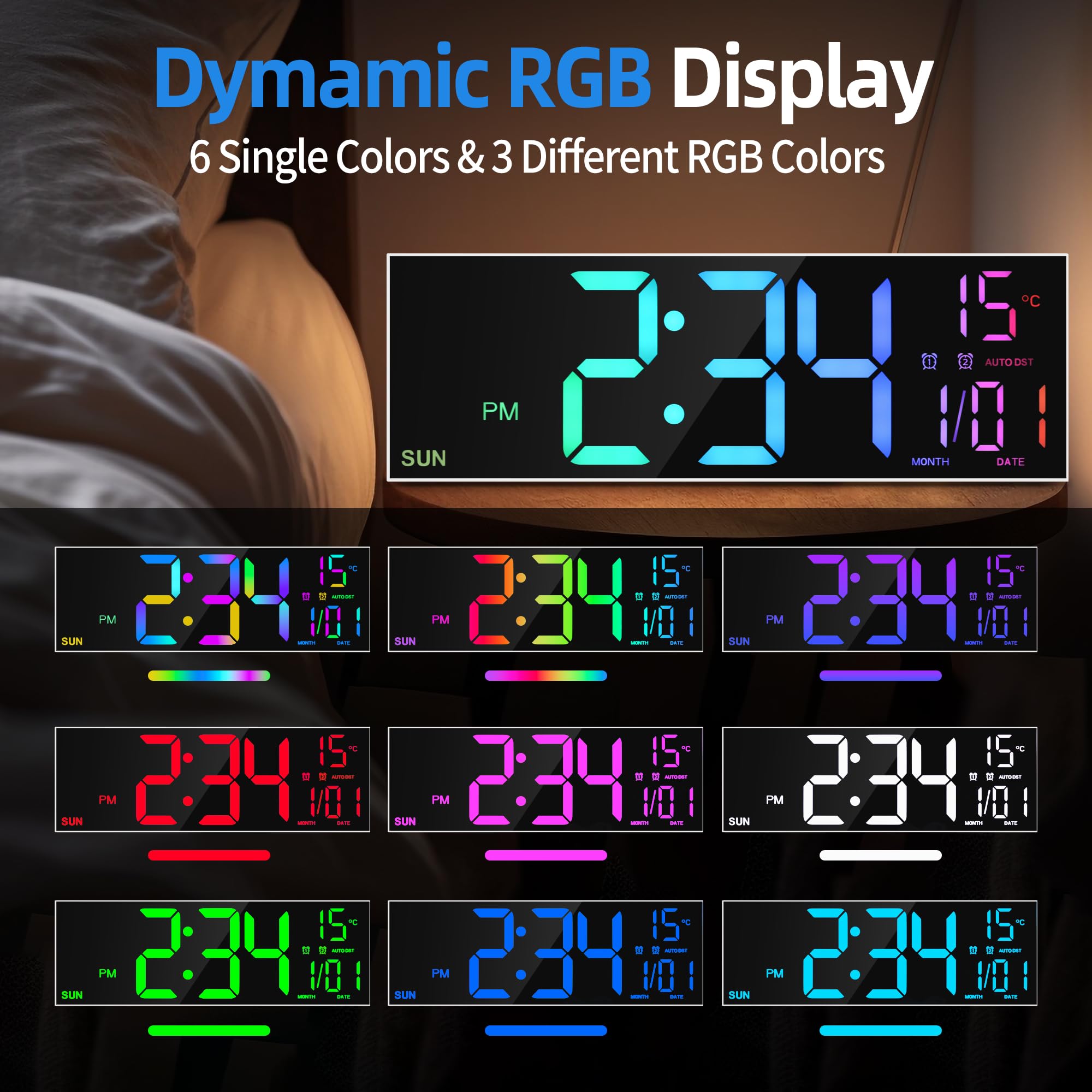 Mee 2ou 16" Large Digital Clock With Temperature, Date, Auto DST, Night Light, Auto Brightness Dimmer, 24/12-hour Wall Clock for Living Room Garage Office Classroom Gym Shop Decor