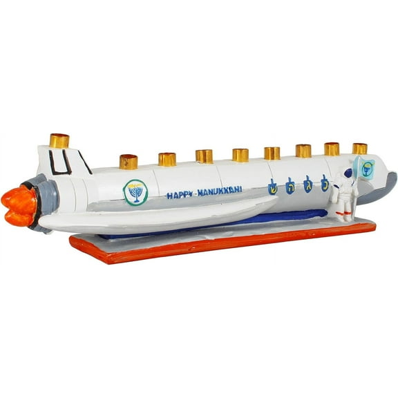 Spaceship Kids Menorah Hand Painted Polyresin - Sculptured Space shuttle Candle Minorah for Children fits standard Hanukkah Candles - Experience Chanukah in Outer Space Kid Menorahs By Zion Judaica