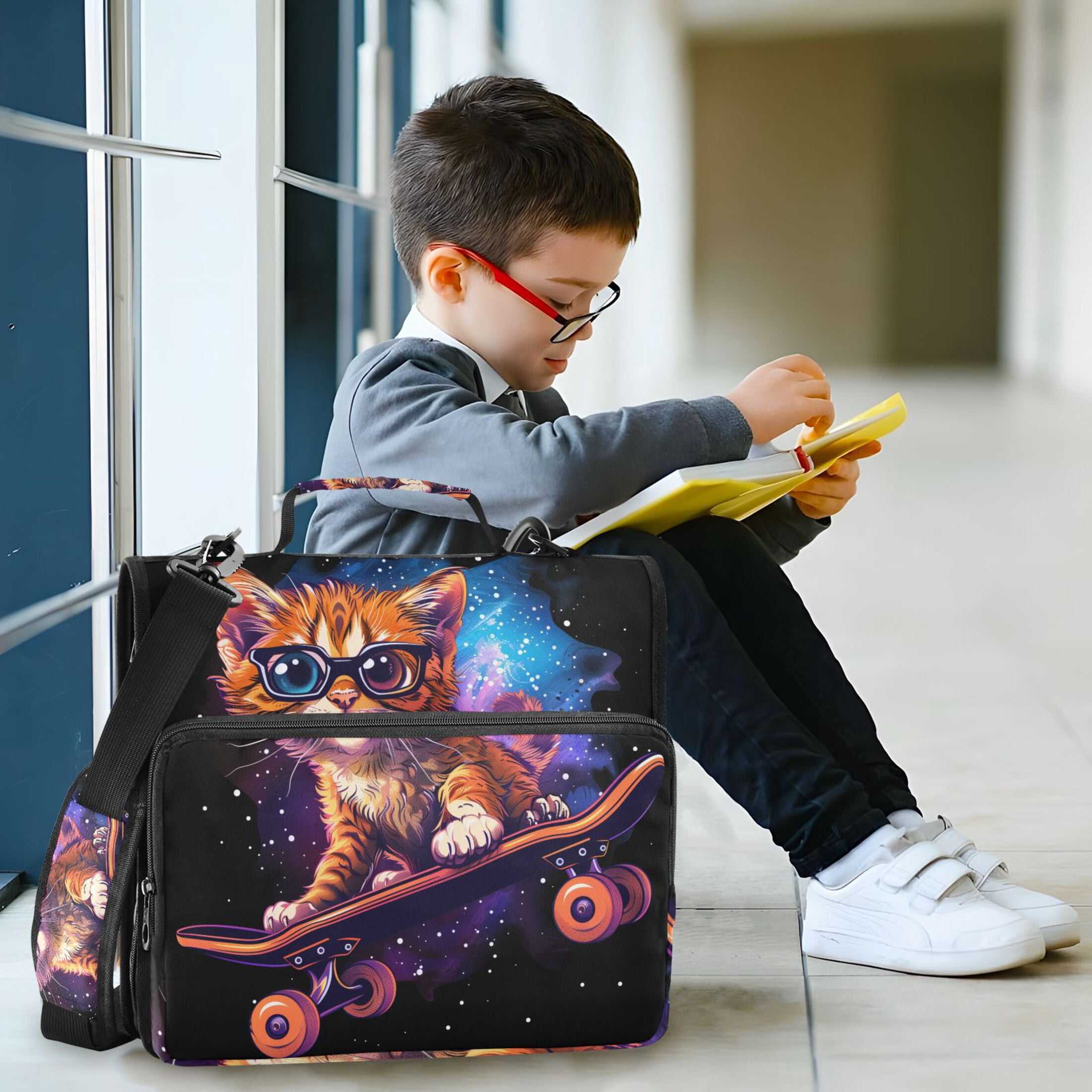 3 Ring Zipper Binder with Shoulder Strap Waterproof Trapper Keeper 1.5 Inch D-Ring 500 Sheets Capacity Cat with Glasses Skateboard