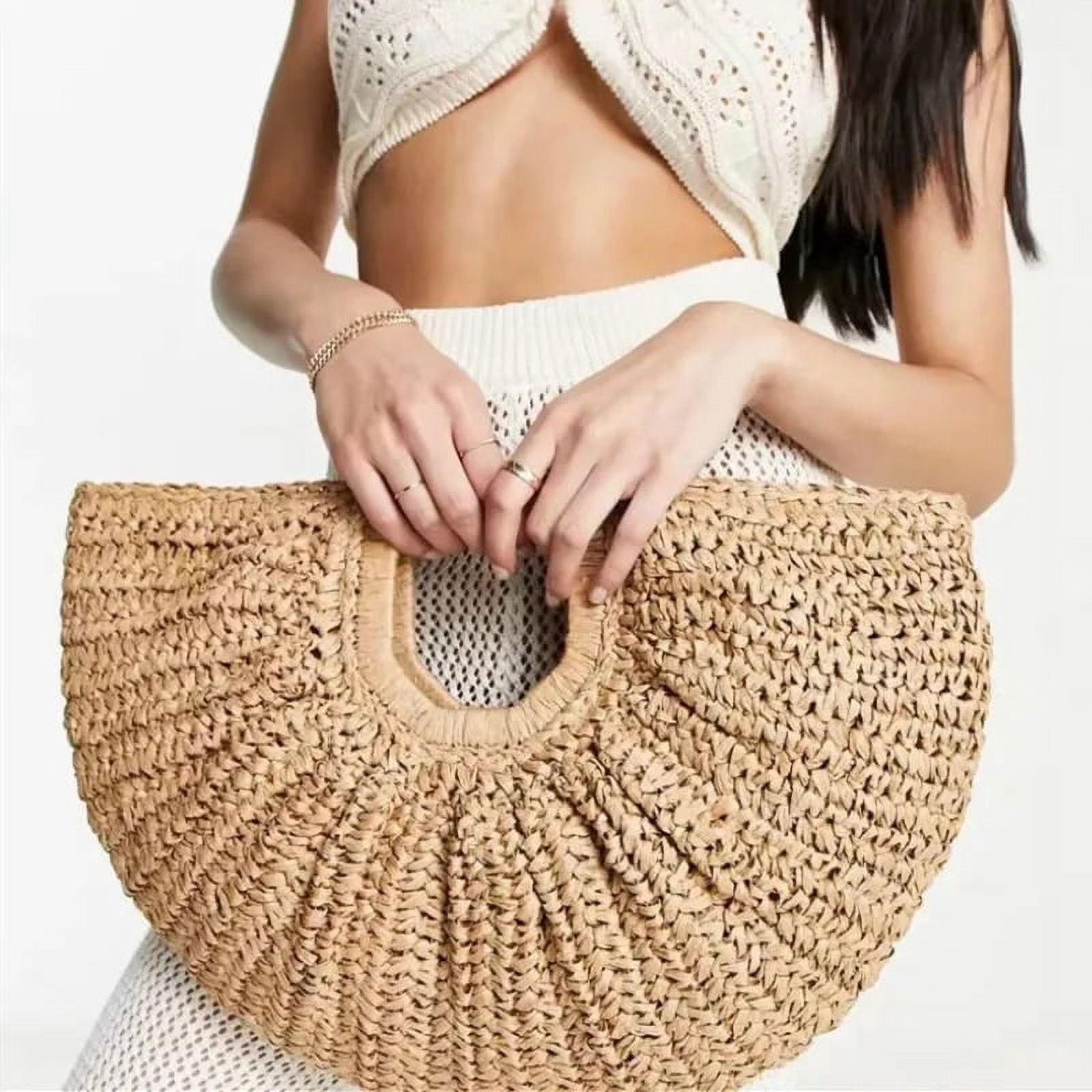 HLSOHJP Summer Woven Straw Bag Moon Large Capacity Purse and Handbag For Women Beach Basket Bags Fashion Travel Shoulder Shopper Totes