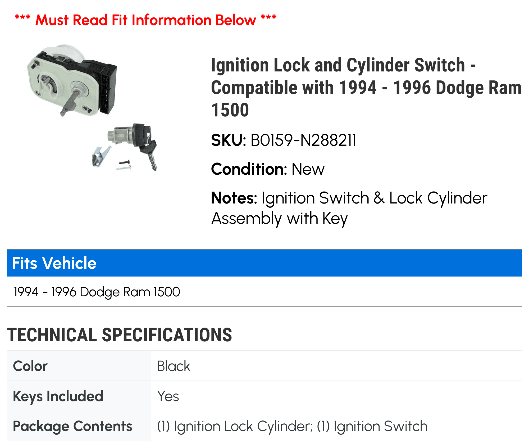 Ignition Lock and Cylinder Switch - Compatible with 1994 - 1996 Dodge Ram 1500 1995