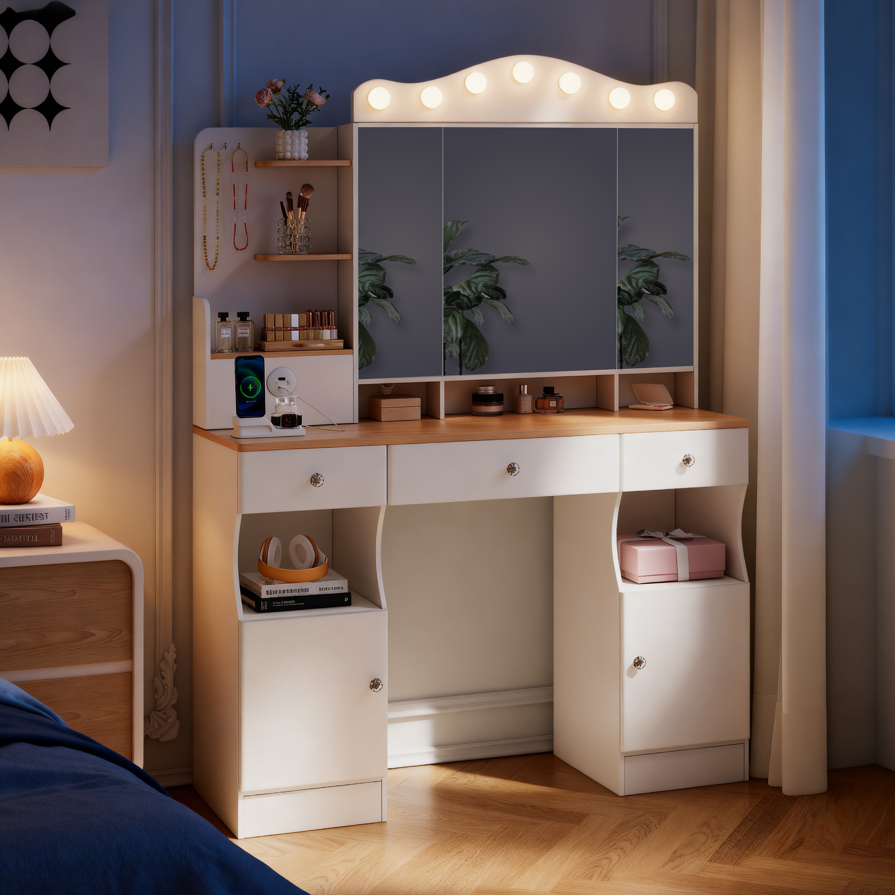 Alvantor Vanity Desk with Tri-Fold Mirror and LED Lights, Makeup Table for Adults with USB Ports and Drawers, White