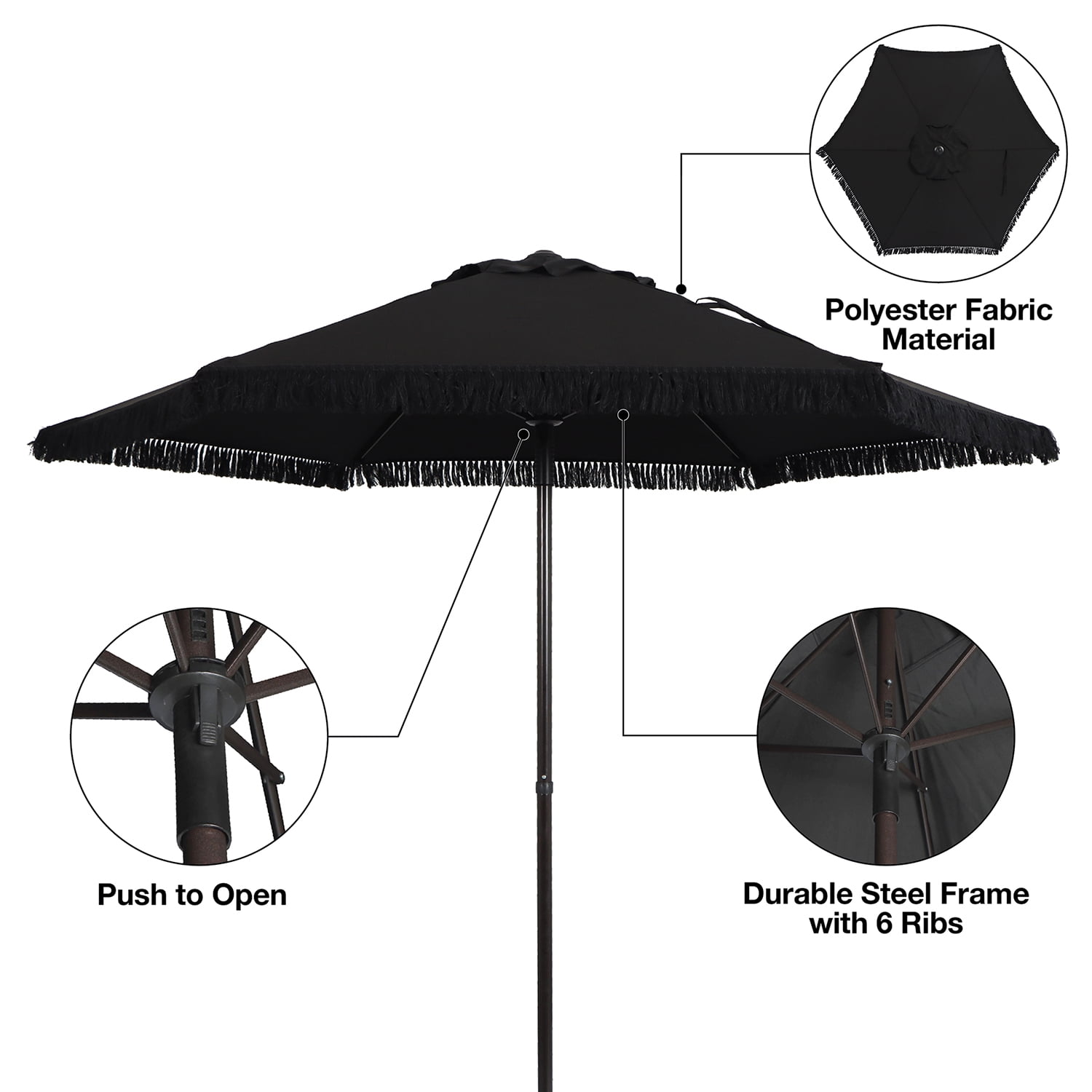 Better Homes & Gardens 7.5" Black Solid Print Round Fringe Patio Umbrella