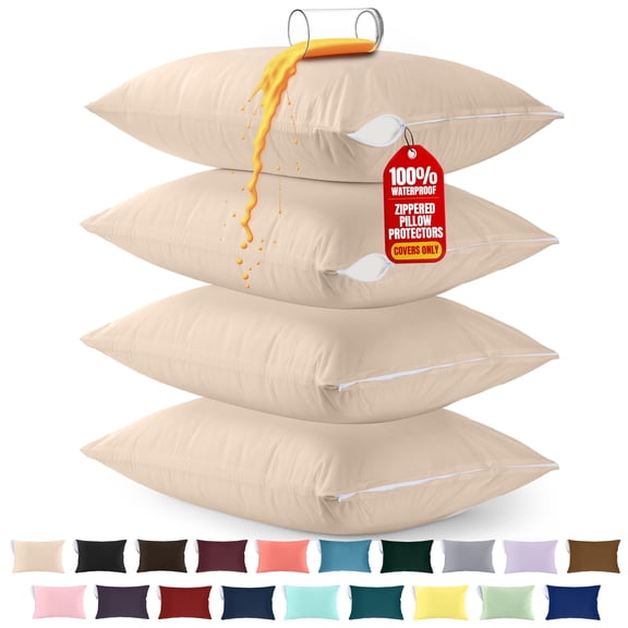 Utopia Bedding Premium 100% Waterproof Pillow Protectors with Zipper Queen Size (Set of 4), Bed Bug and Dust Mite Proof Zippered Pillow Covers, Pillow Encasement Cases, Beige