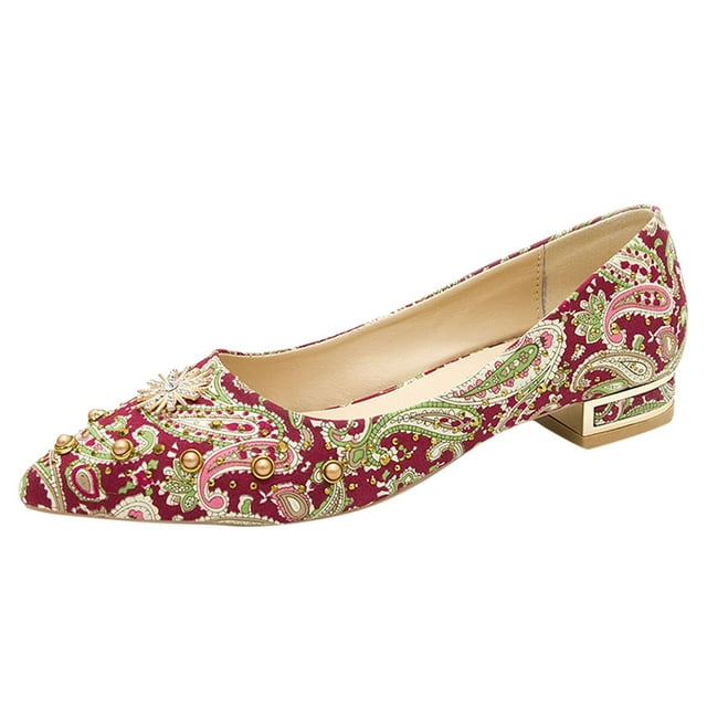 Escarpins d'Été et d'Automne pour Femmes à Talons Bas Plats Bout Pointu Perles Strass Imprimé Coloré Bout Haut Talons Compensés Chaussures à Talons Ouverts pour Femmes Largeur Large
