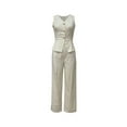 thumbnail image 3 of Women's Two Piece Outfits Sleeveless V-Neck Button Down Blazer Vest and Wide Leg Pants Pockets Business Casual Office Suit Sets, 3 of 7