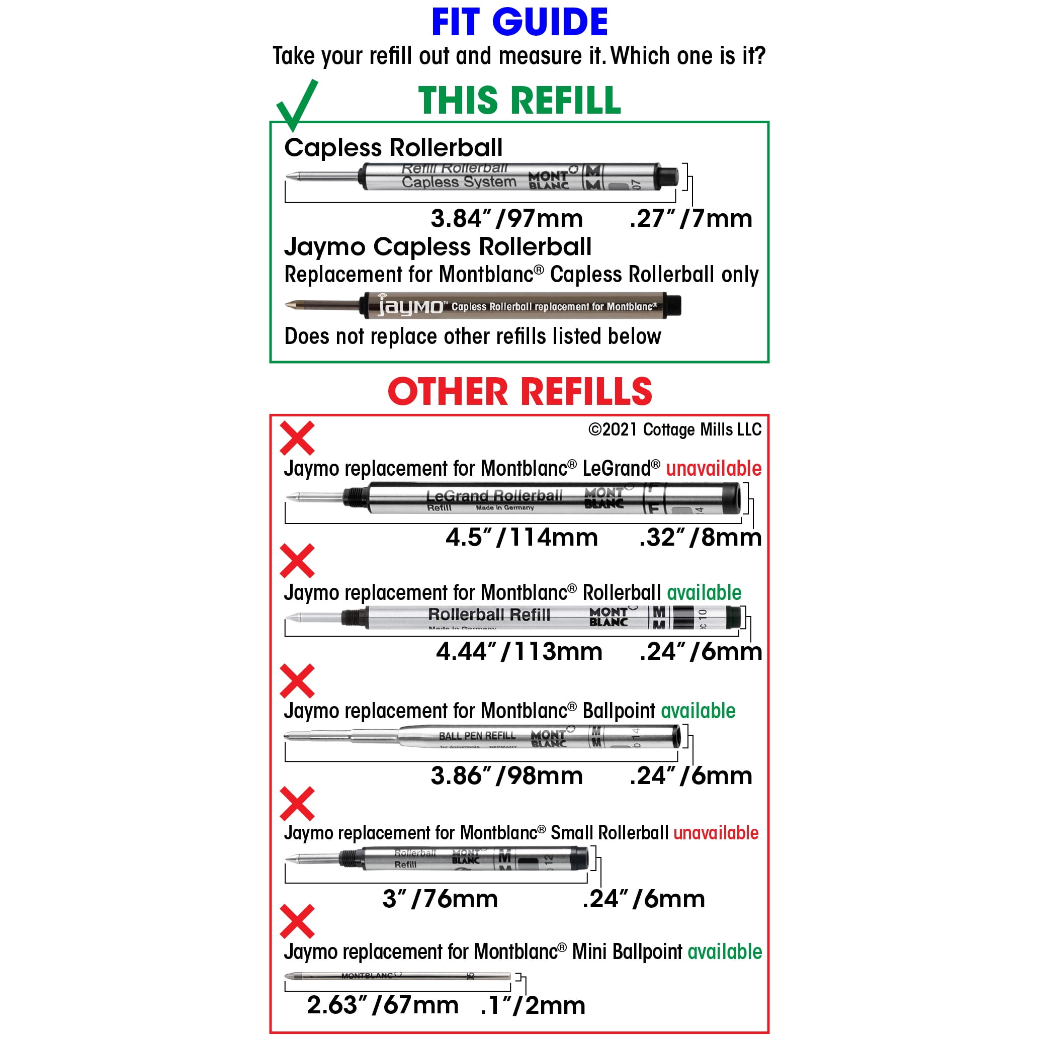 Jaymo Replacement for Montblanc 113778 - Measures 3.84 in / 97 mm Long - Capless Rollerball Pen Refill - 12 Blue