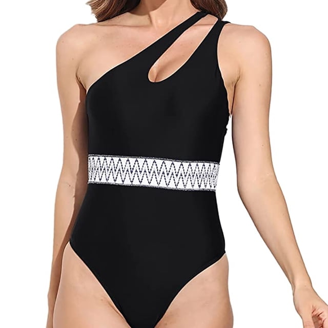 Traje de baño de una pieza sexy para mujer, traje de baño de un hombro sin mangas, trajes de baño de verano, negro
