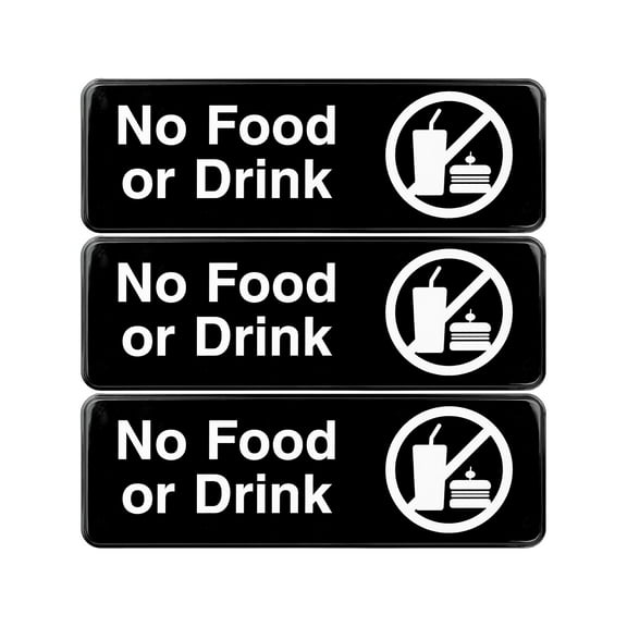 Excello Global Products No Food or Drink Indoor/Outdoor Wall Sign 9" x 3" Black/White 3/Pack