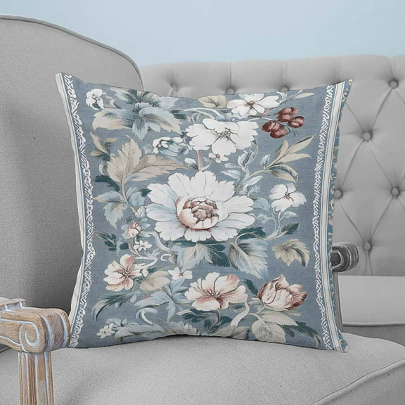 Blue Pink Flowers Decorative Pillowcase 24''x24'', Vintage Botanical Elegant Floral Throw Pillow Covers Soft Cushion Case for Couch Sofa Bedroom Living Room, Pillowcase Boho Decor