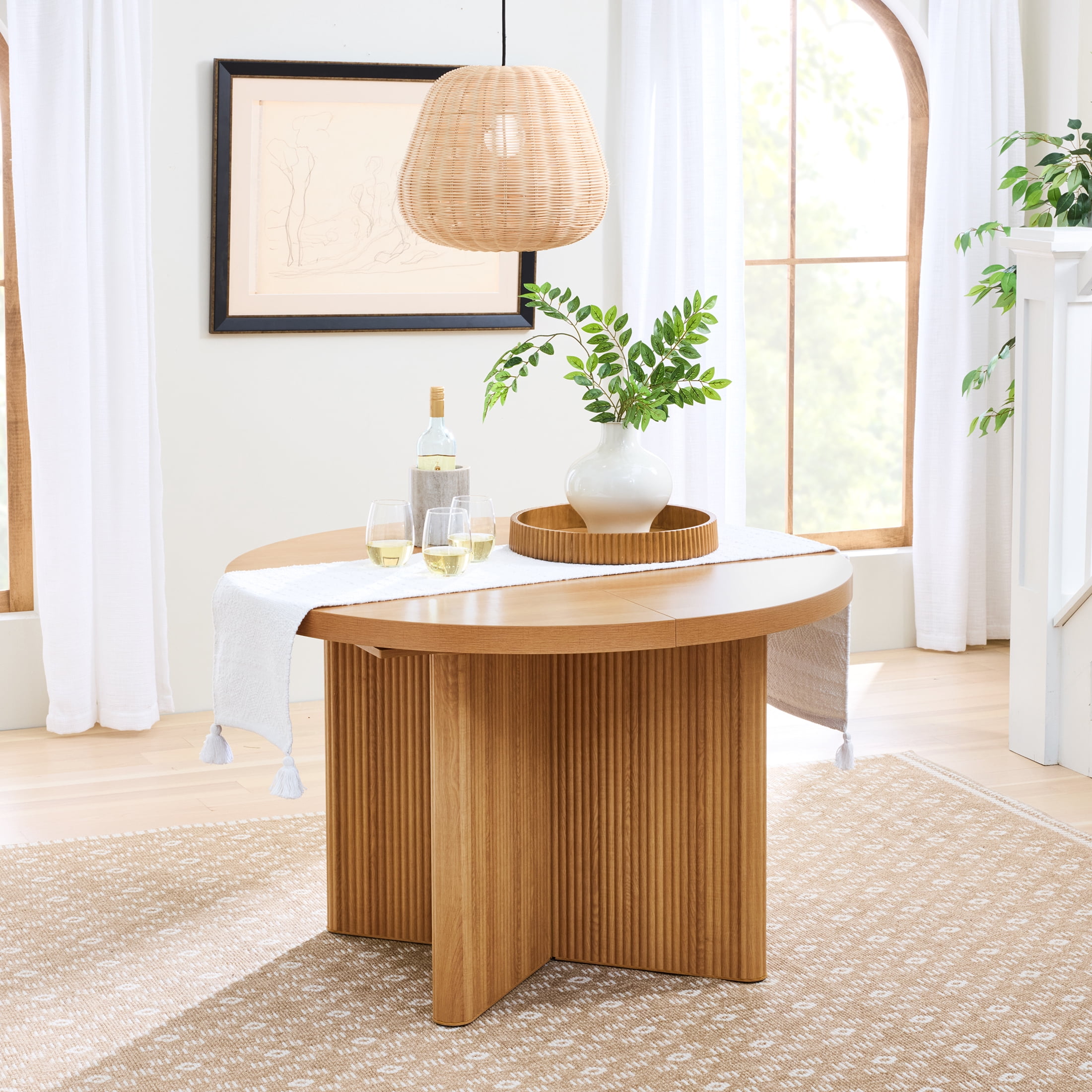 Better Homes & Gardens Lillian Fluted Round Expandable Dining Table, Light Honey Finish
