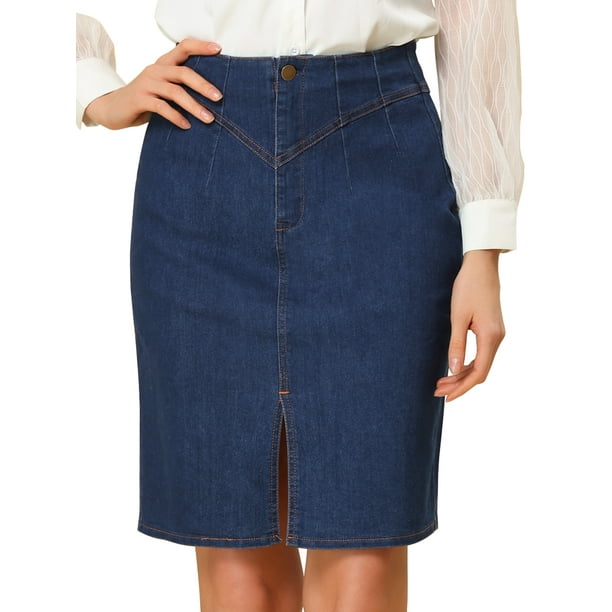 Falda de mezclilla Allegra K Vestidos con Abertura Hasta la Rodilla Cintura Alta Azul XL