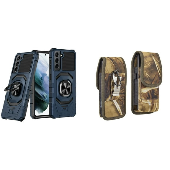 Case with Belt Holster Bundle for Samsung Galaxy S22  Plus: Heavy Duty Shield Cover (Blue) and Vertical Rugged Nylon Phone Pouch (Camo)